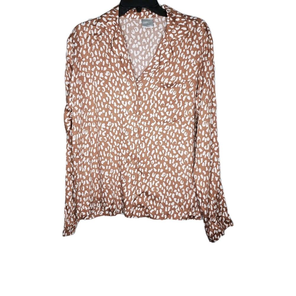 Nottibianche Womens SZ S Brown White Pajama Top Button Up Long Sleeve Pocket